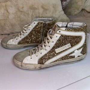 Golden Goose White and Gold Glitter Sneakers